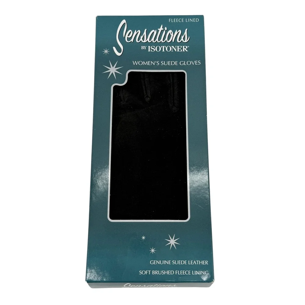 Sensations by Isotoner Women Black Genuine Suede Leather Fleece Lined Gloves NEW